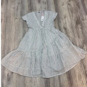 Vineyard Vines Jet Stripe Tiered Linen Dress XS V Neck Cap‎ Sleeve NWT